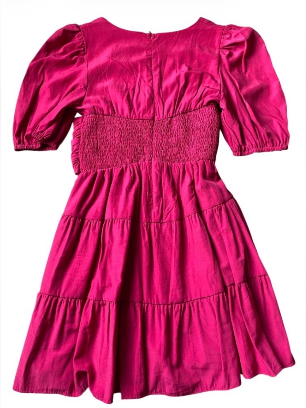 Roseason Hot Pink Mini Dress Size 12 NWT V-Neck Puff Sleeve Tiered Viscose Ramie - Picture 2 of 9
